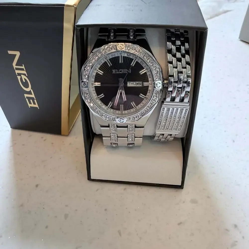 Elgin Men's Analog Watch with Crystal Accents and Matching Bracelet
